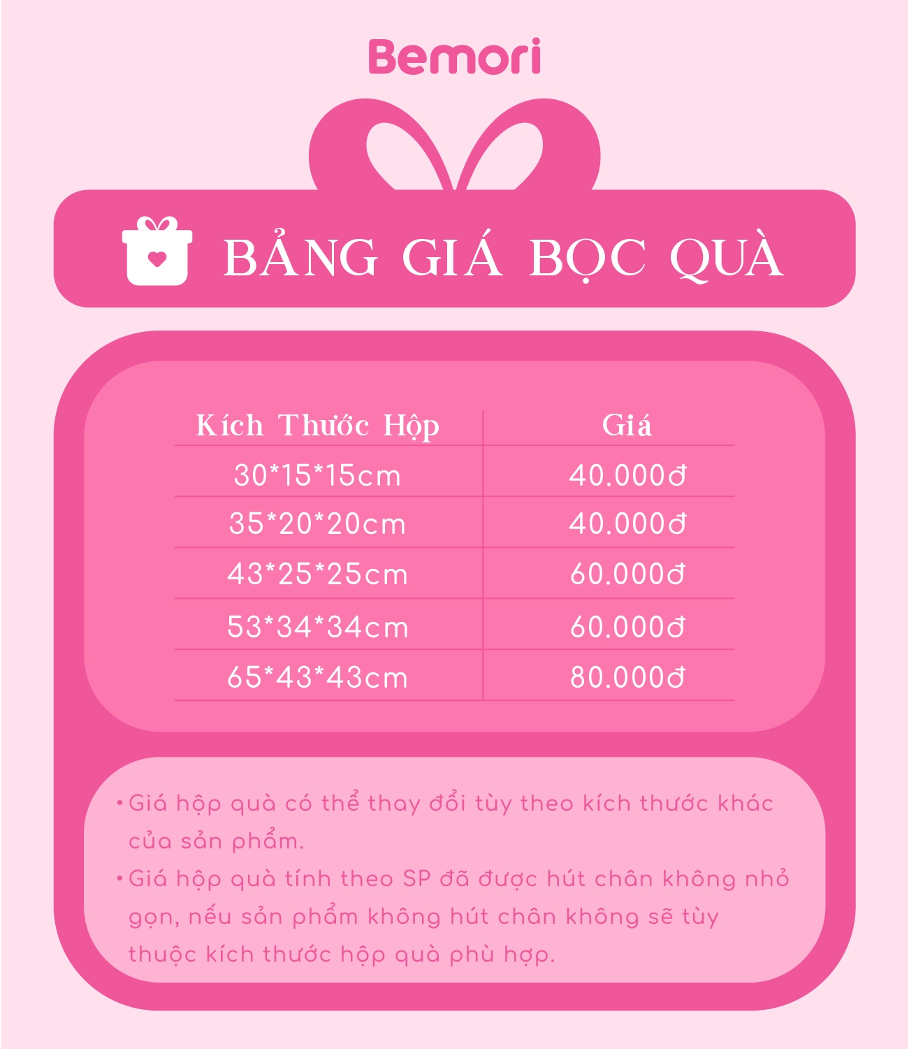 Bảng giá bọc hộp quà tại Bemori